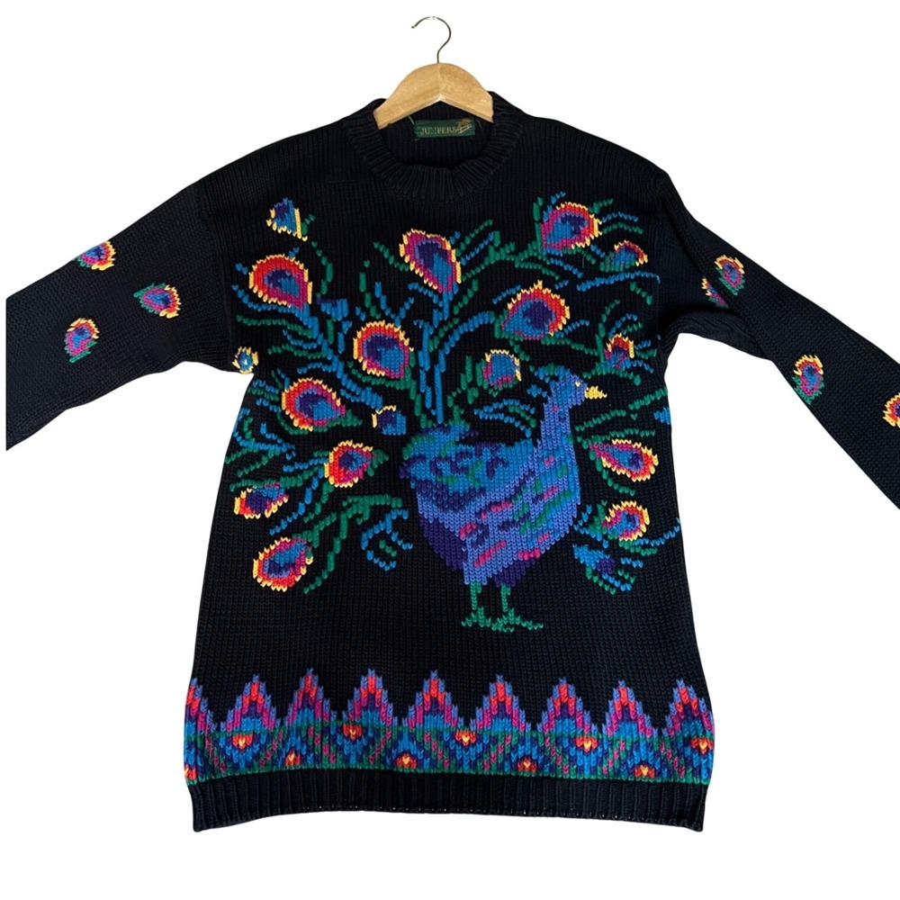 Vintage Black Peacock Intarsia Knit Sweater Mod Chunky Knit Oversized Cottage